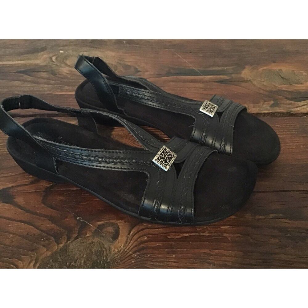 Minnetonka Galina Slingback Sandal Black Leather Braided Slip On Flat Womens 7